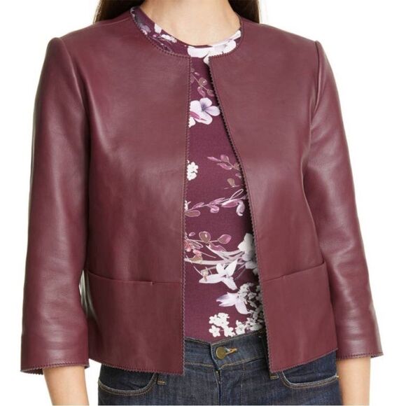 Ted Baker Morisr Zig Zag Edge Cropped Leather Jacket Burgundy, 2 / Small - Picture 5 of 13